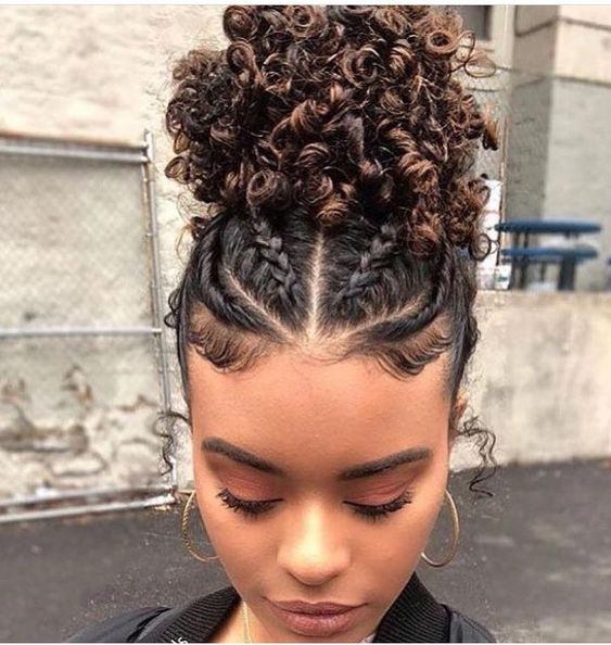 Curly Puff With Flat Twists and Cornrows
