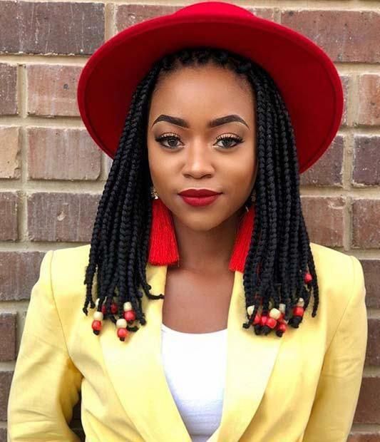 Box Braids With Yellow and Red Beads