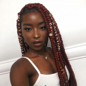 Chunky Red Box Braids With Cord and Beads