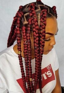 Chunky Red Box Braids With Gold Accessories
