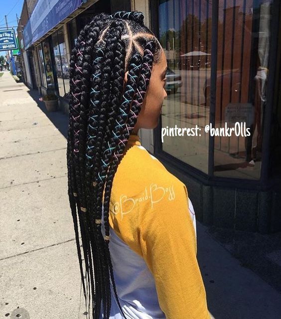 Chunky Triangle Part Box Braids With Colored Cord