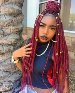 Red Box Braids Half Up Half Down With Gold Beads