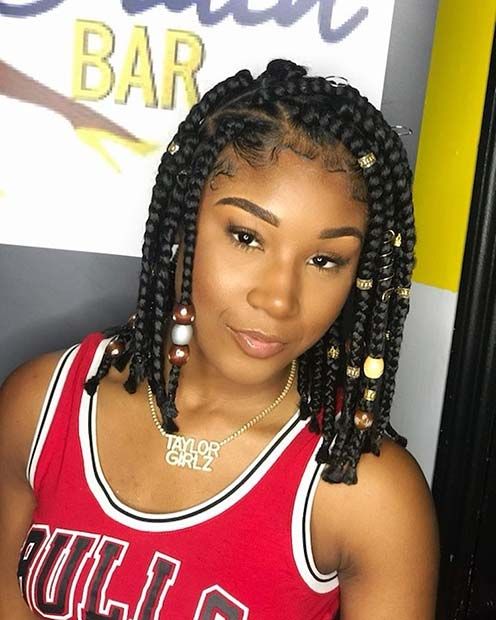 Shoulder Length Box Braids With Beads