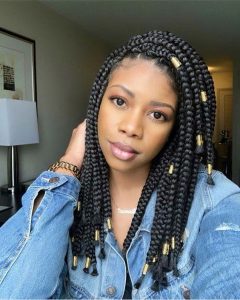 Shoulder Length Box Braids With Chunky Gold Beads