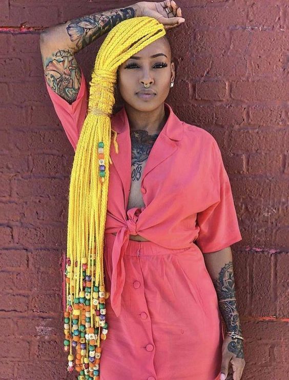 Yellow Box Braids With Colorful Beads