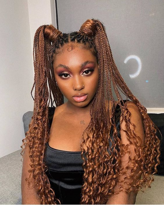brown box braids in pigtails using rubber band method
