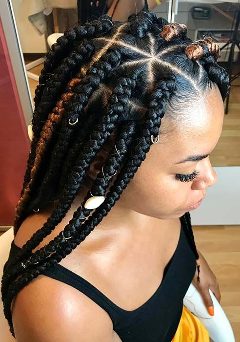 rubber band box braids sectioned into triangle parting