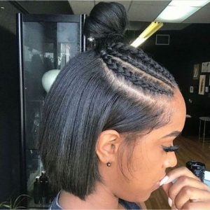 short half up half down sew in with feed in braids