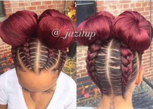 red feed in cornrows with double buns