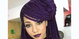 purple box braids with swoop bangs