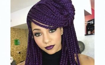 purple box braids with swoop bangs