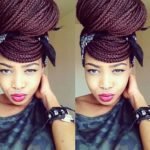 Burgundy Box Braids High Bun With Bangs