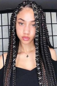 Chunky Black Box Braids With Colored Cord
