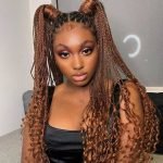 brown box braids in pigtails using rubber band method