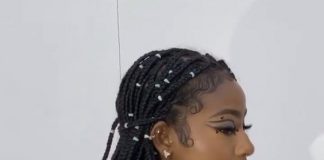 thick box braids with white beads using rubber band method