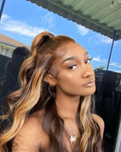 brown blonde ombre half up half down sew in with body wave curls