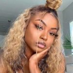 curly blonde and brown half up half down sew in with top knot