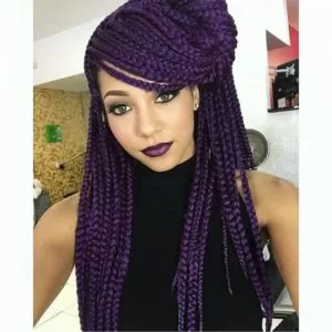 purple box braids with swoop bangs