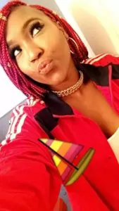 Bob Length Red Box Braids With Gold Beads