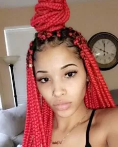 Bright Red Box Braids With Half Up High Bun