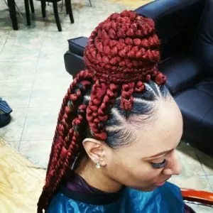 Chunky Red Box Braids High Bun