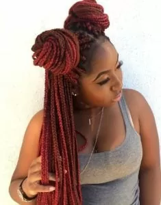 Red Box Braids With Double Buns