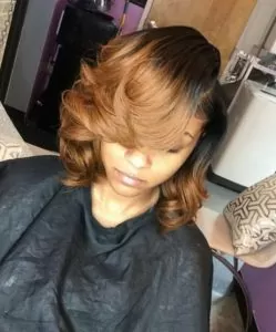 Golden Brown Sew In Bob With Swoop Bangs