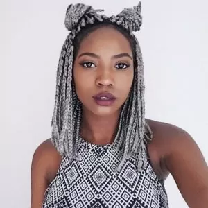 short grey box braids double buns