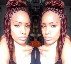 Burgundy Box Braids Half Up High Bun