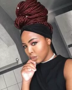 Burgundy Box Braids High Bun