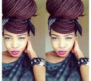 Burgundy Box Braids High Bun With Bangs