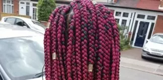 Burgundy Box Braids With Gold Beads