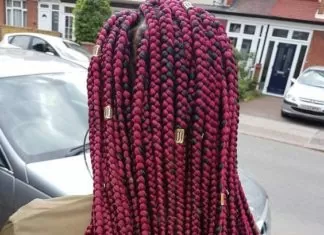 Burgundy Box Braids With Gold Beads