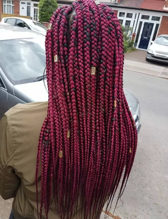 Burgundy Box Braids With Gold Beads