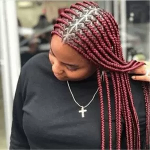 Burgundy Box Braids With Zig Zag Parts