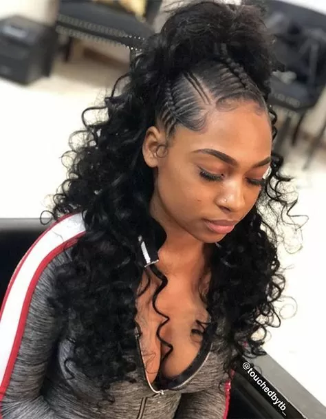 curly blond half up down sew in with feed in braids