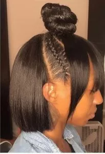 half up half down sew in with curtain bang and cornrow detail