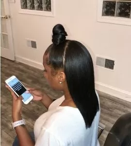 half up half down sew in with top knot